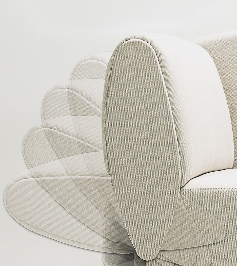 Nahaufnahme des Armteils der hellbeigen JOKA Classique Chaiselongue mit überlagerter Bewegungsdarstellung, um die Klappfunktion zu zeigen.