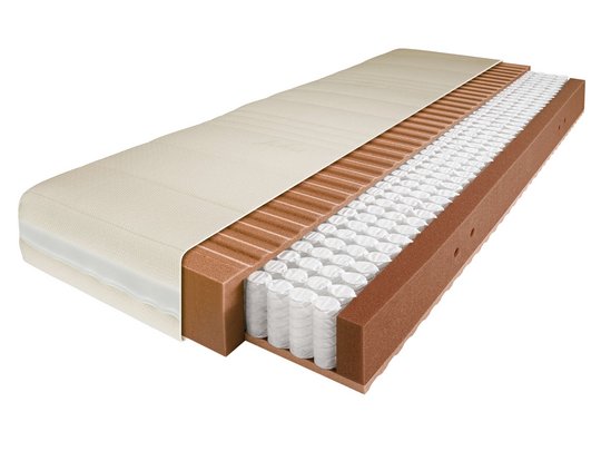 Schnittmodell der JOKA Somnia Taschenfederkernmatratze mit einem hellen Bezug, braunen Schaumstoffschichten mit horizontalen Einschnitten und einem innenliegenden Taschenfederkern auf weißem Hintergrund.