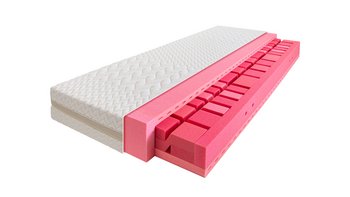 Schnittmodell-Ansicht der JOKA AirDream 260 Flexinet-Matratze mit rosafarbenem Schaumstoffkern, tiefen Einschnitten und weißem Steppbezug auf weißem Hintergrund.